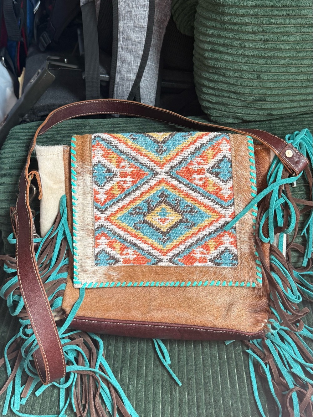 Myra Bag Brown and Turquoise Boho Crossbody with Embroidered Panel